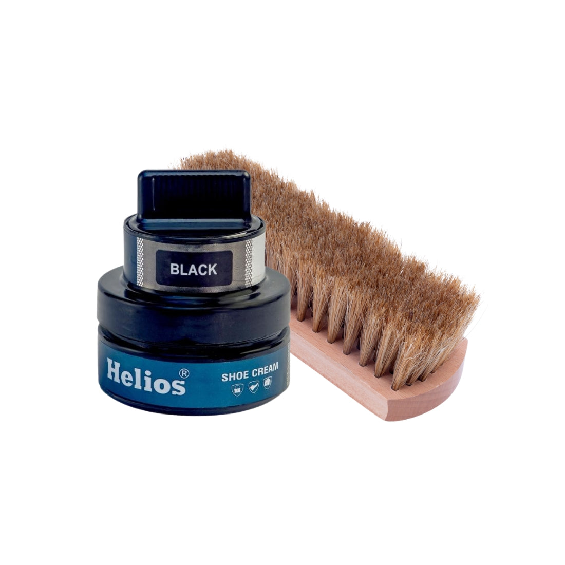 Helios Shoe Cream Glass Jar with Applicator with Helios Horse Hair Shoe Brush - (Light Brown, 6.5 Inch)