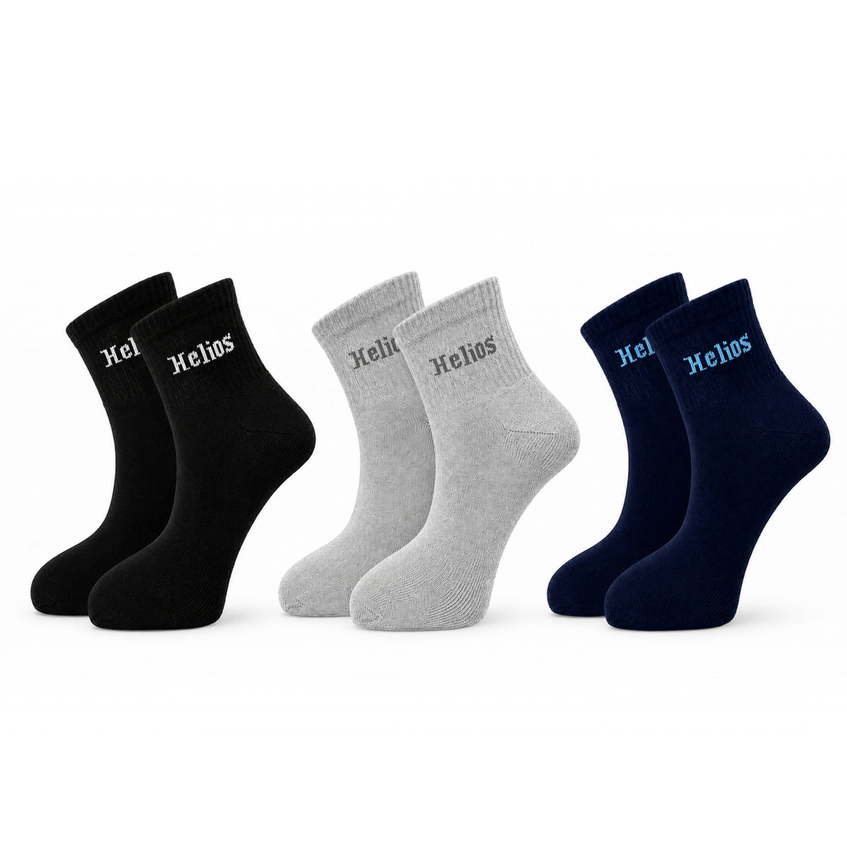 Helios Cotton Crew Socks Pack of 3 Pairs for Men & Women | Soft Breathable Daily Wear Socks | Black Grey Navy Blue