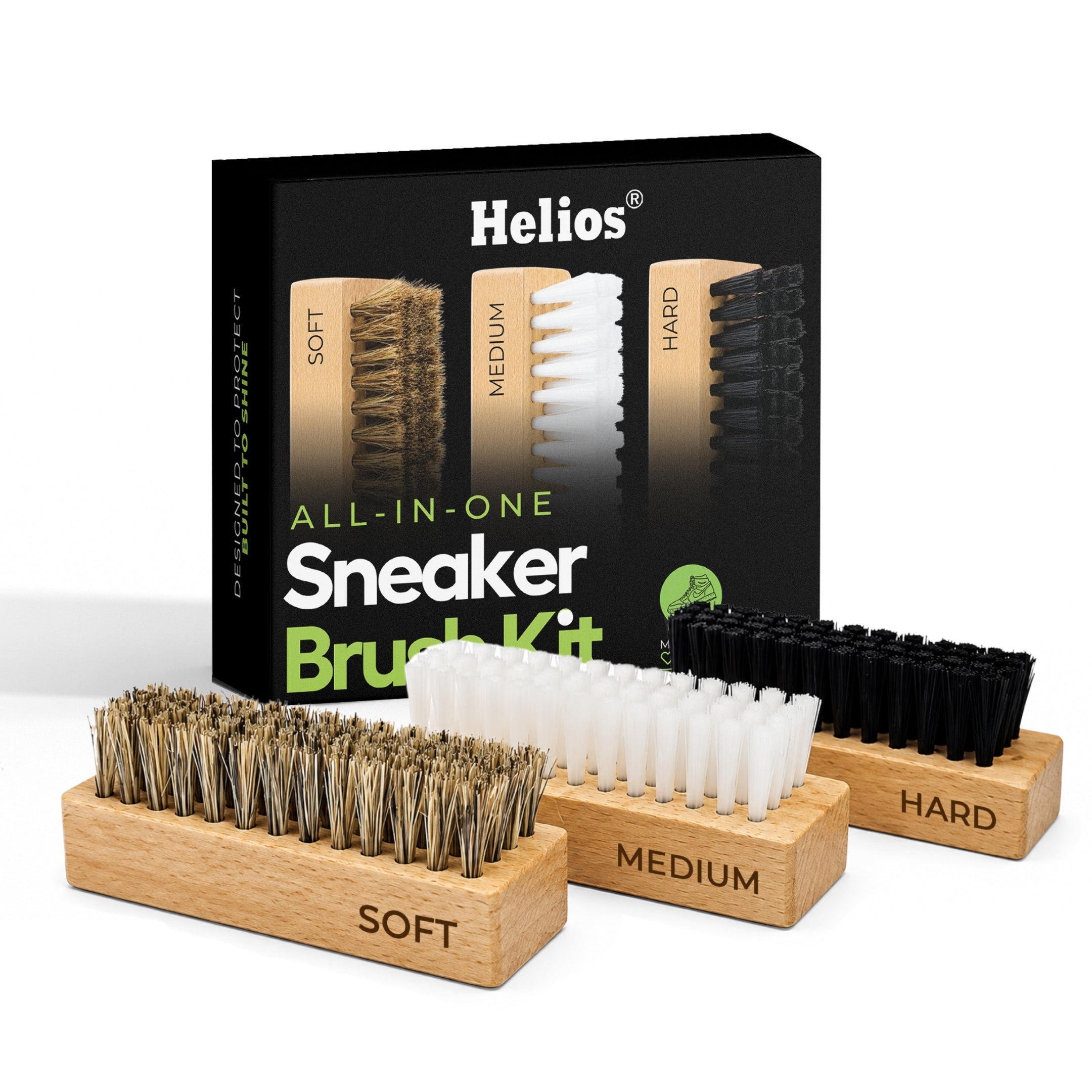 Helios All-in-One Sneaker Brush Kit | 3 Premium Cleaning Brushes (Soft, Medium & Hard)