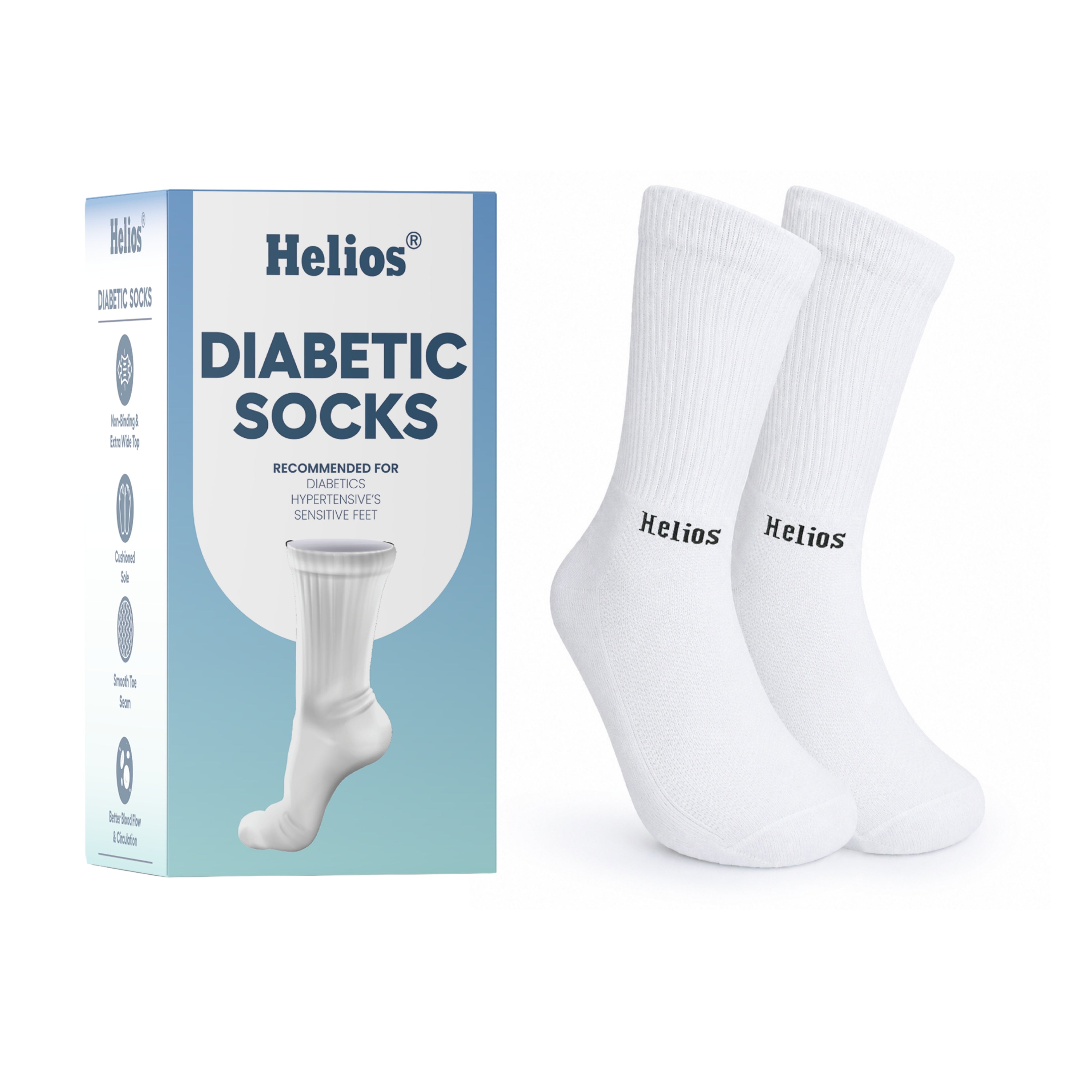 Helios Diabetic Socks for Men Women Recommended for Diabetic Hypertensives Sensitives Feet White Color 1Pair.