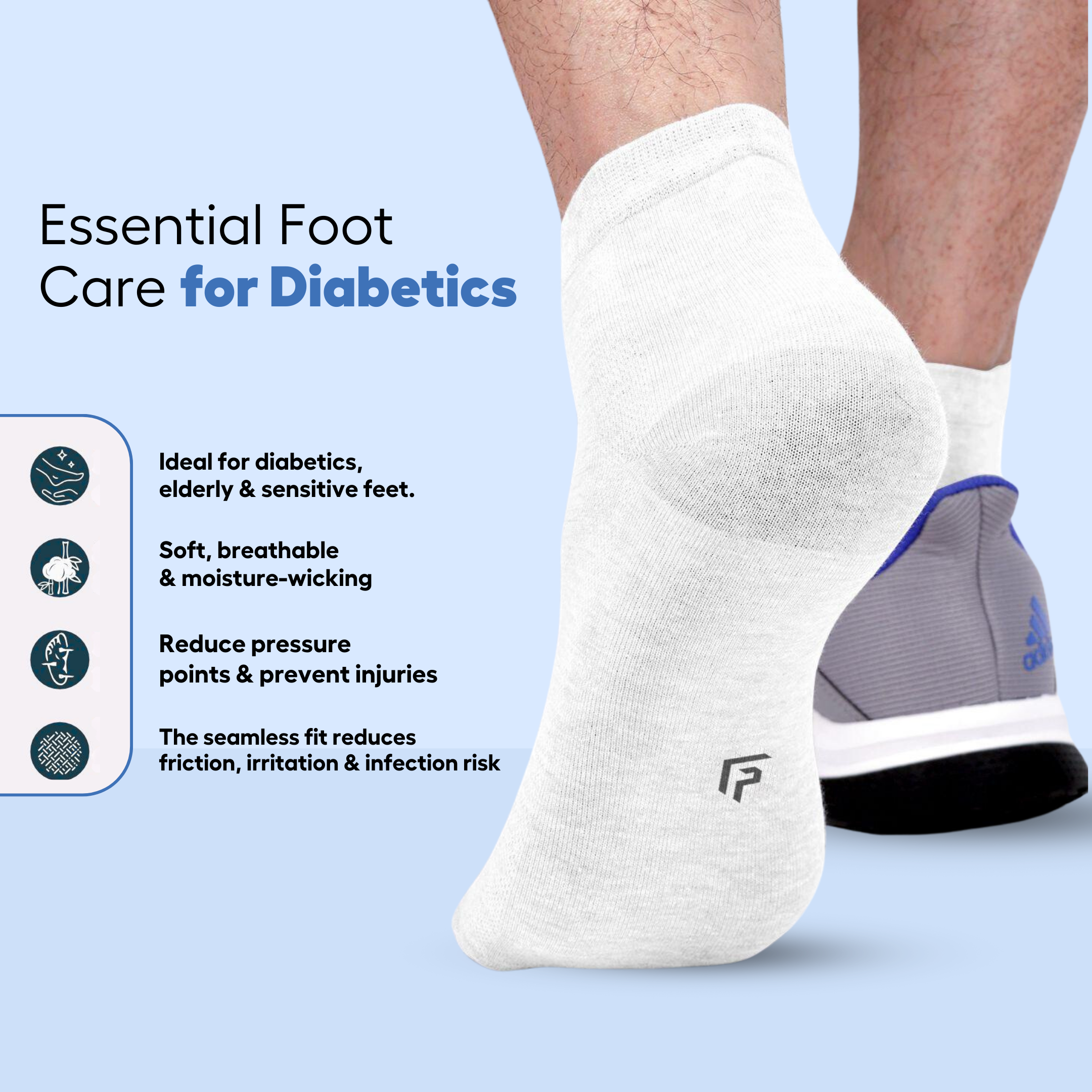 Helios Diabetic Socks for Men Women Recommended for Diabetic Hypertensives Sensitives Feet || Ultra-Soft Cushioned Sole|Prevents Injuries&Blisters || Unisex,Free Size || White Color 1Pair.