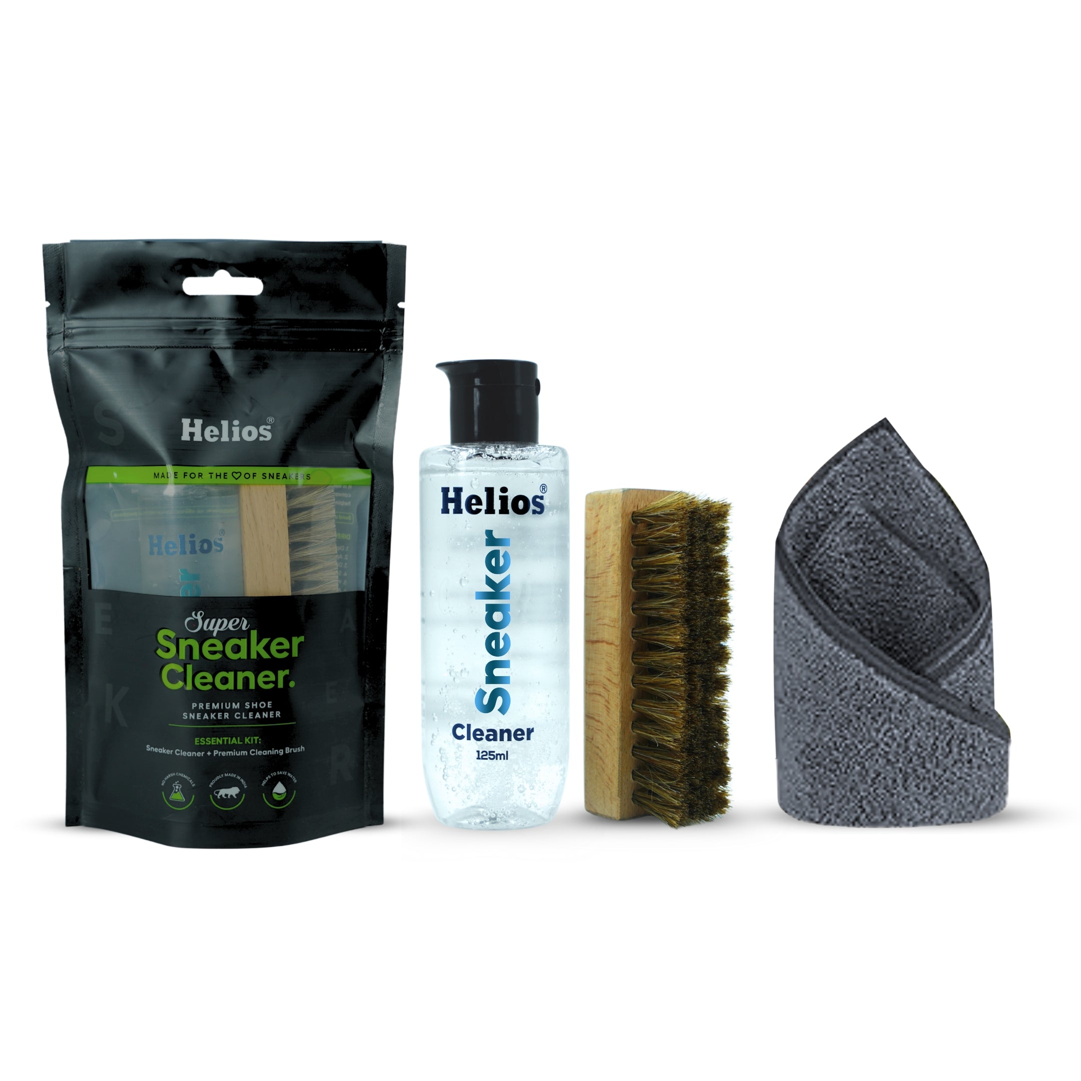 Helios Super Sneaker Cleaner Kit 125 ml with Microfiber Cleaning Cloth | Shoe Cleaning Kit with Microfiber Towel | Shoes Cleaner | Shoe Cleaning Solution with All Purpose Shoe Brush