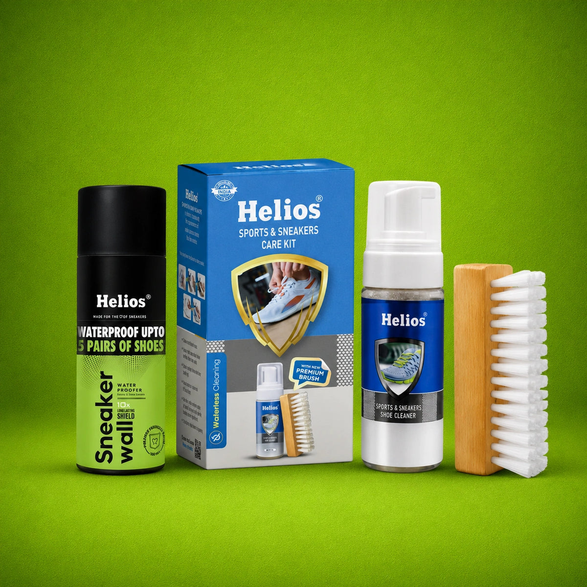 Helios 100 ml Sneaker Wall Waterproof Spray + 150 ml Sports & Sneaker Shoe Care Kit with Wooden Brush | Shoe Protection & Cleaning Combo