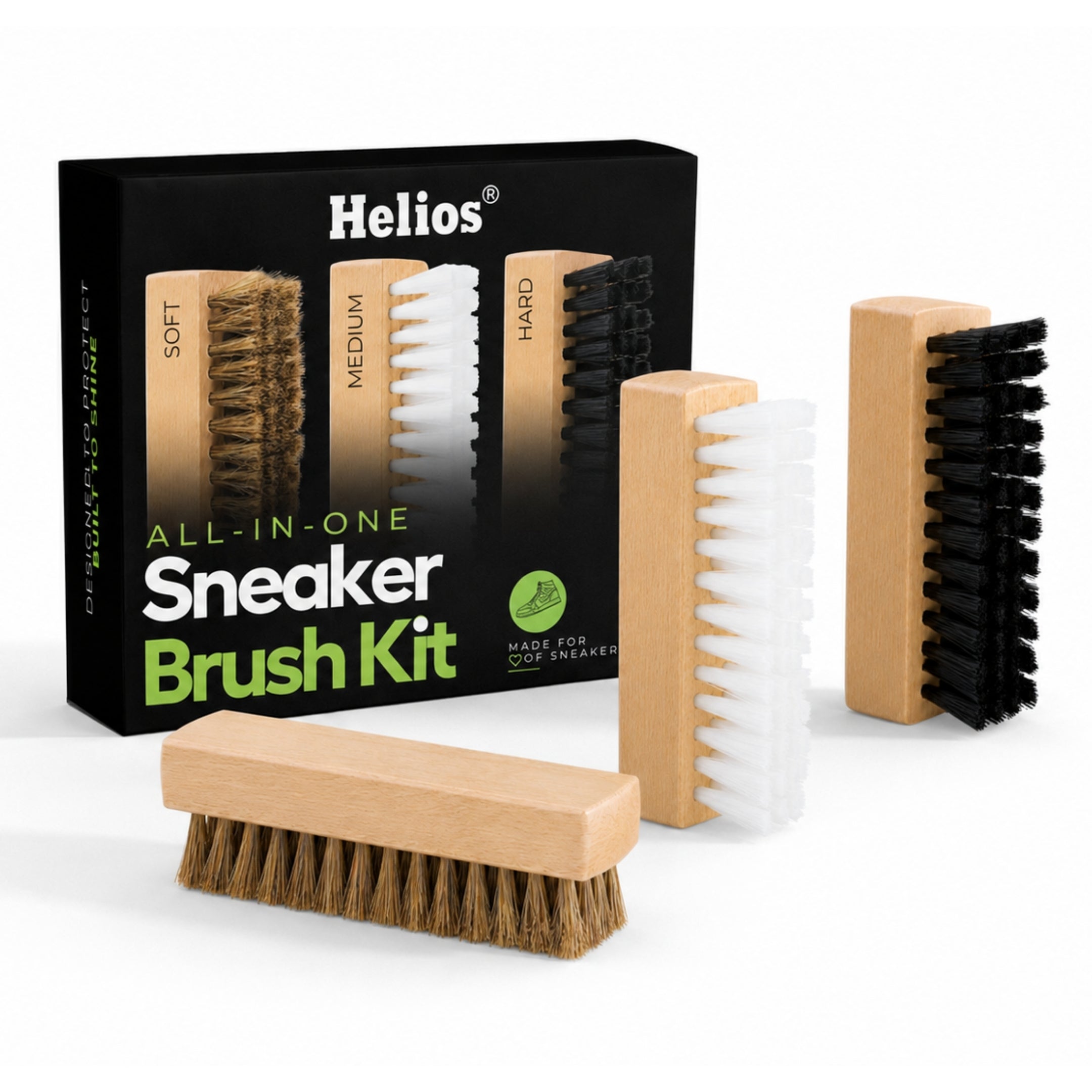 Helios All-in-One Sneaker Brush Kit | 3 Premium Cleaning Brushes (Soft, Medium & Hard)