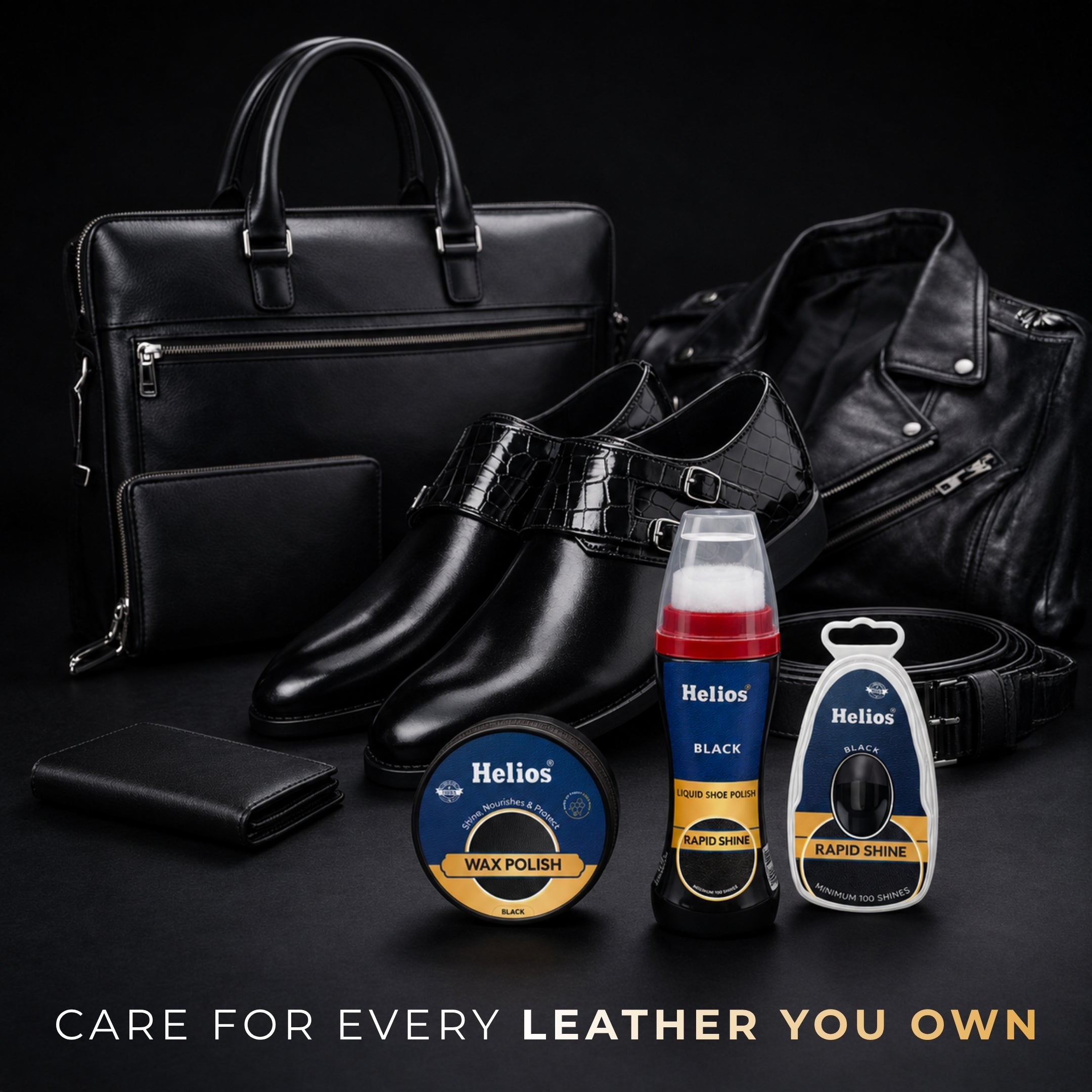 Helios 3-in-1 Shoe Care Combo – Liquid Polish, Wax Polish & Rapid Shine