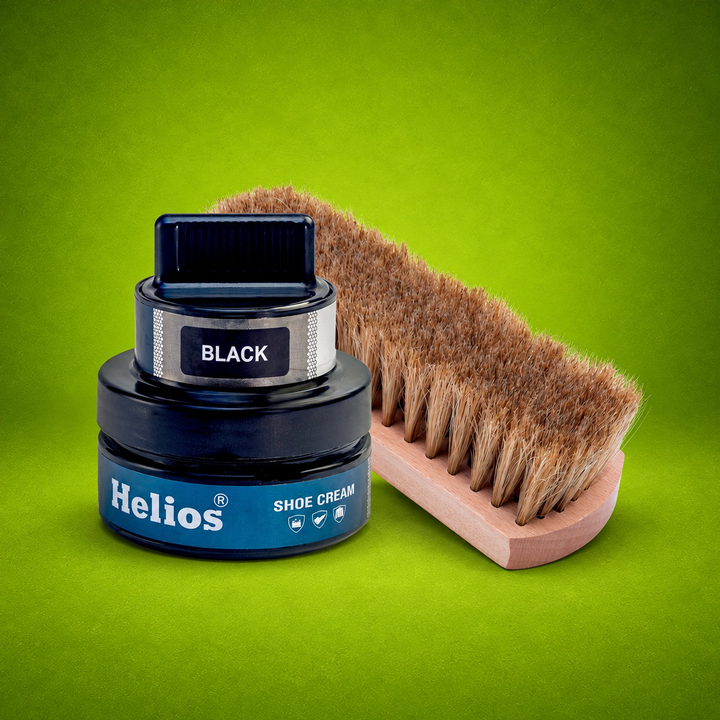 Helios Shoe Cream Glass Jar with Applicator with Helios Horse Hair Shoe Brush - (6.5 Inch)