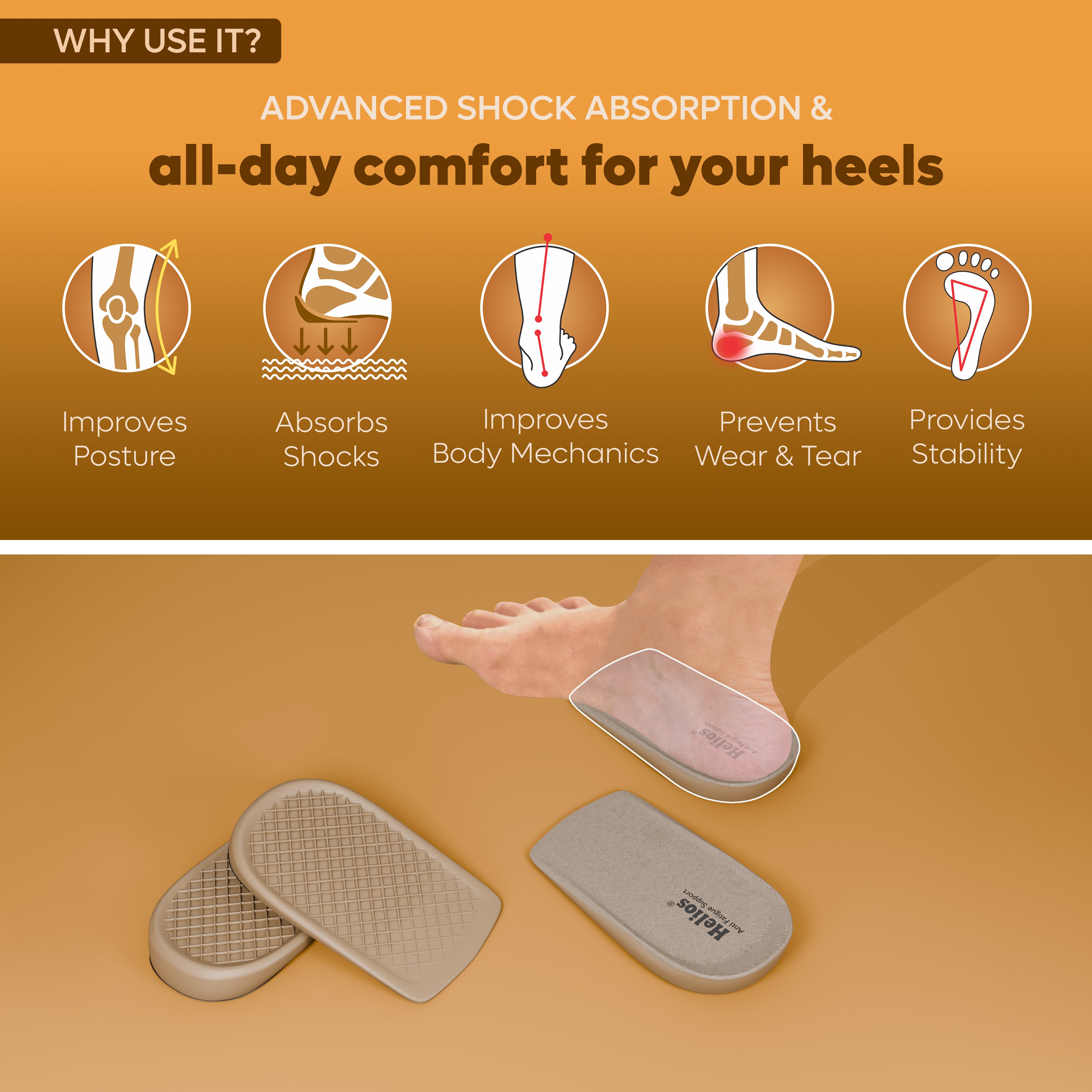 Helios Heel Cup Insole | Anti-Fatigue Heel Cushion with Shock Absorption & All-Day Comfort | Universal Fit for Men & Women