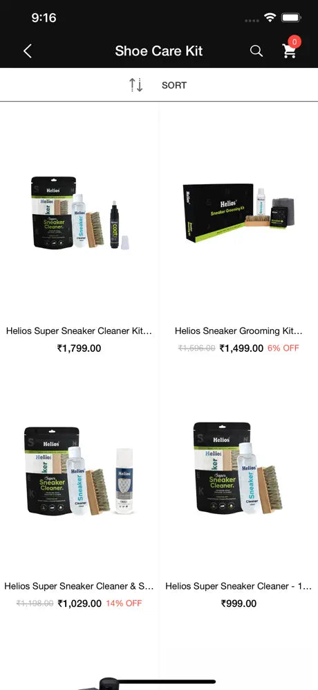 Helios app product listing screen
