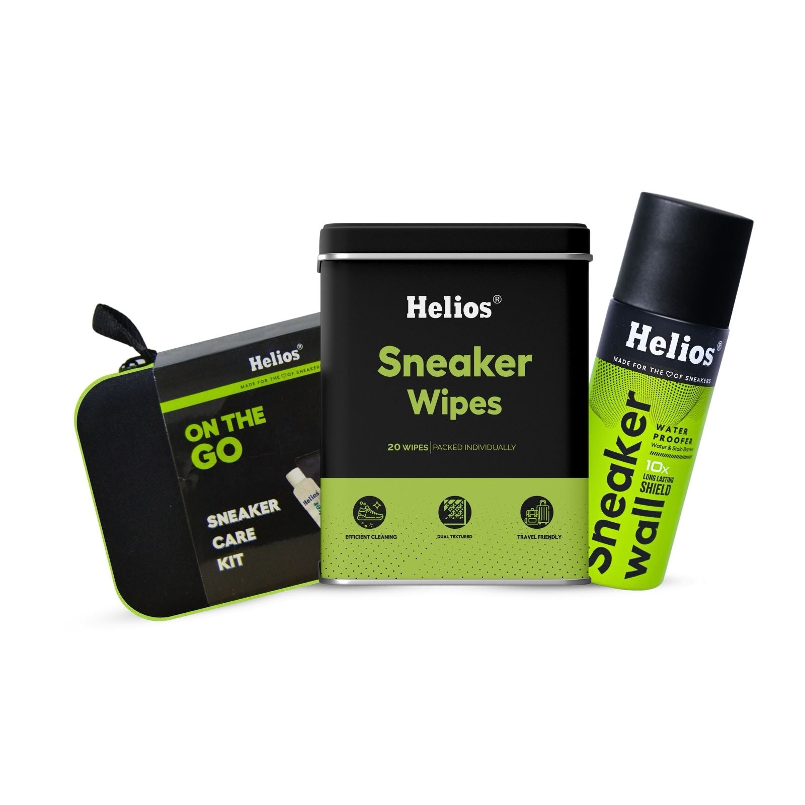 Helios Monsoon Protection Bundle | On-The-Go Sneaker Care Kit + 20 Sneaker Wipes + 100ml Water Proofer Spray
