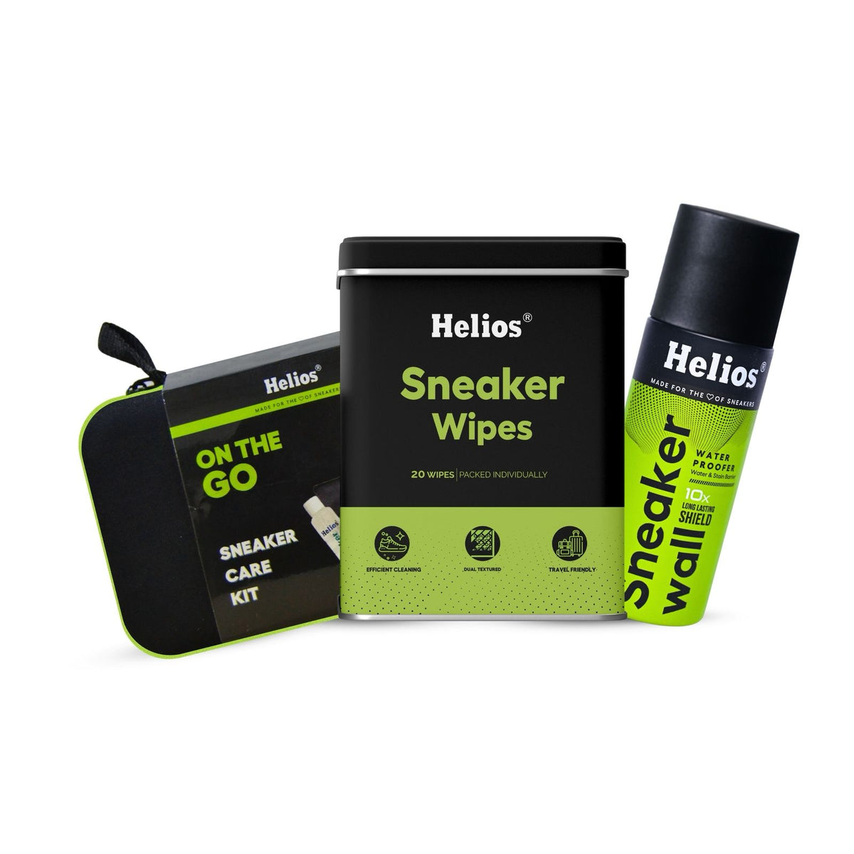Helios Monsoon Protection Bundle | On-The-Go Sneaker Care Kit + 20 Sneaker Wipes + 100ml Water Proofer Spray