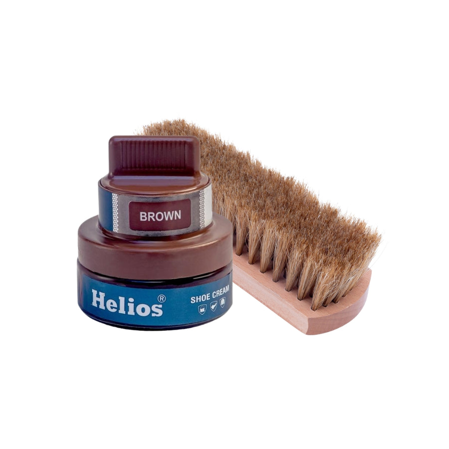 Helios Shoe Cream Glass Jar with Applicator with Helios Horse Hair Shoe Brush - (6.5 Inch)