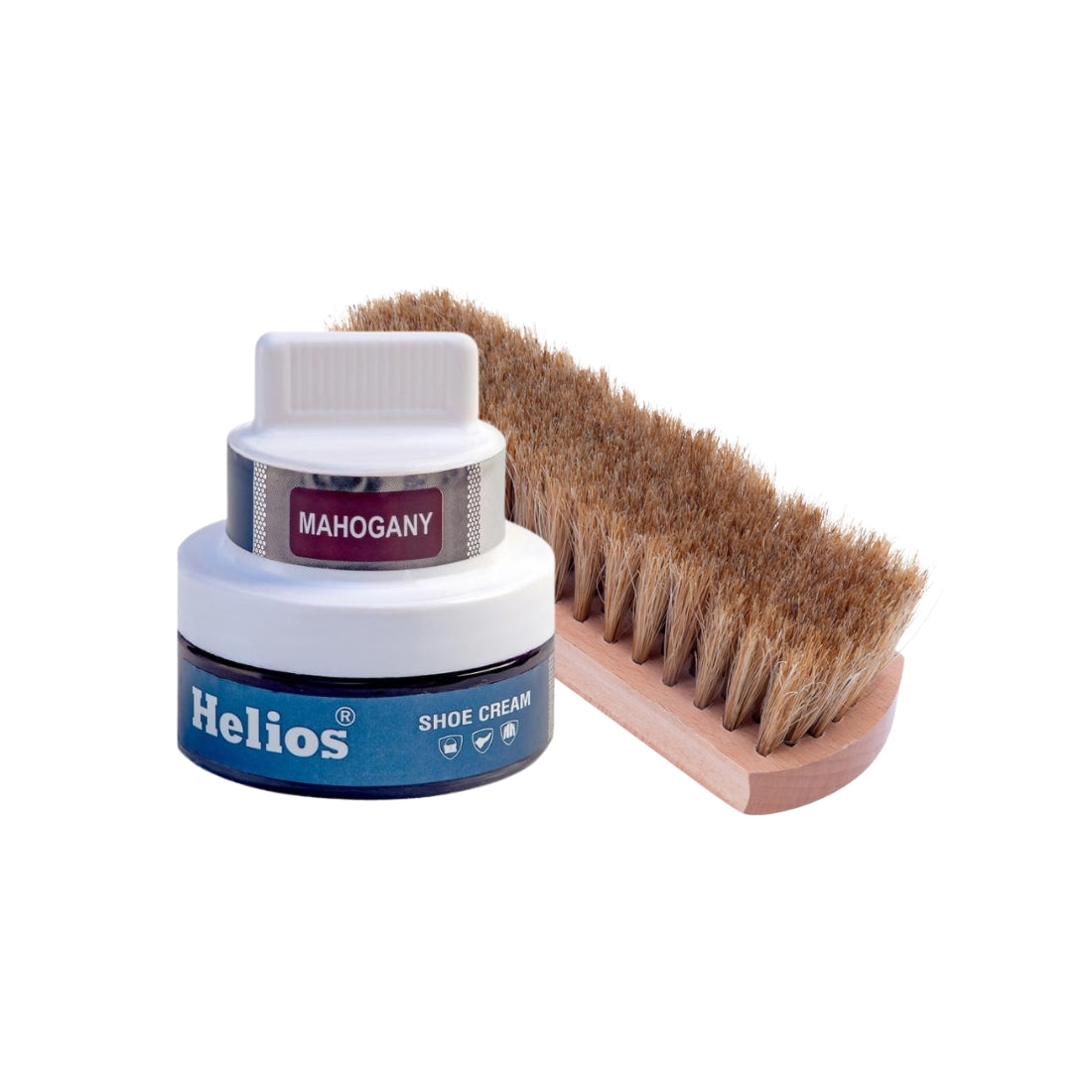 Helios Shoe Cream Glass Jar with Applicator with Helios Horse Hair Shoe Brush - (6.5 Inch)