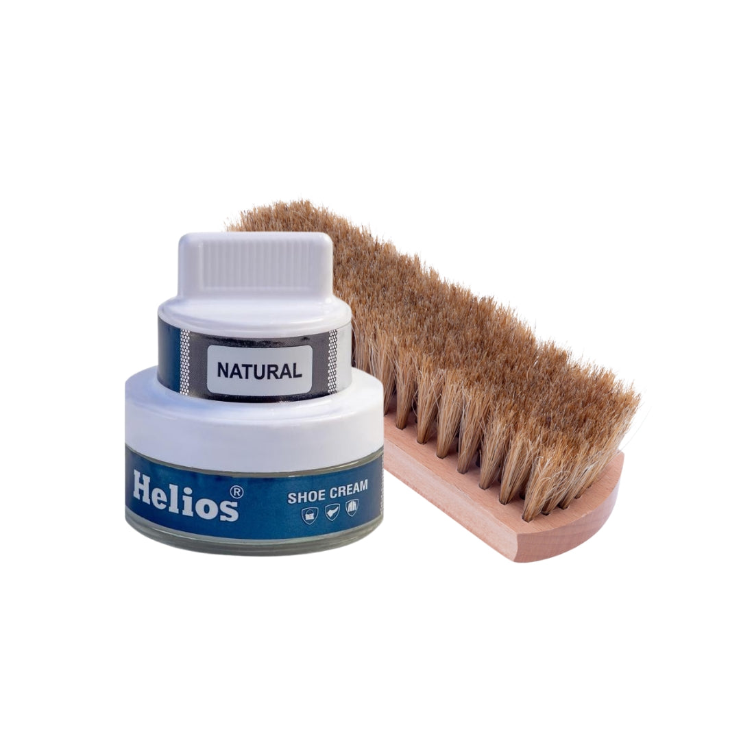 Helios Shoe Cream Glass Jar with Applicator with Helios Horse Hair Shoe Brush - (Light Brown, 6.5 Inch)