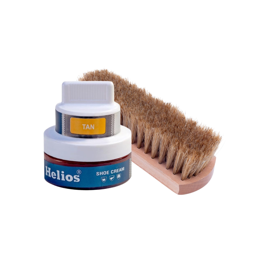 Helios Shoe Cream Glass Jar with Applicator with Helios Horse Hair Shoe Brush - (6.5 Inch)